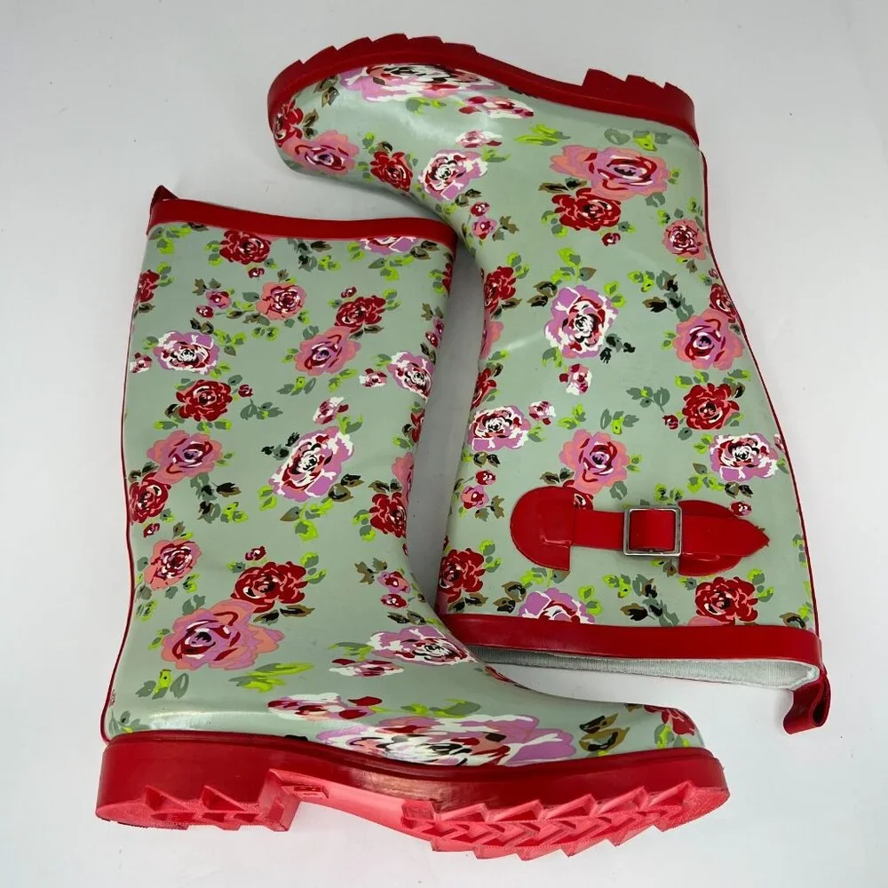 Womens Green Waterproof Garden Strap Floral Mid Calf Slip On Size 6 Rain Boots
